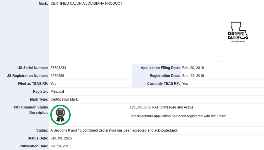 The federal record for CERTIFIED CAJUN A LOUISIANA PRODUCT, Registration No. 5570255, live.